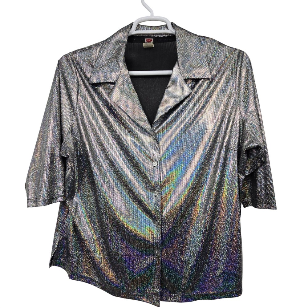Vintage Y2K 90s Silver Holograph Metallic Button Shirt Womens 1X Disco Club USA